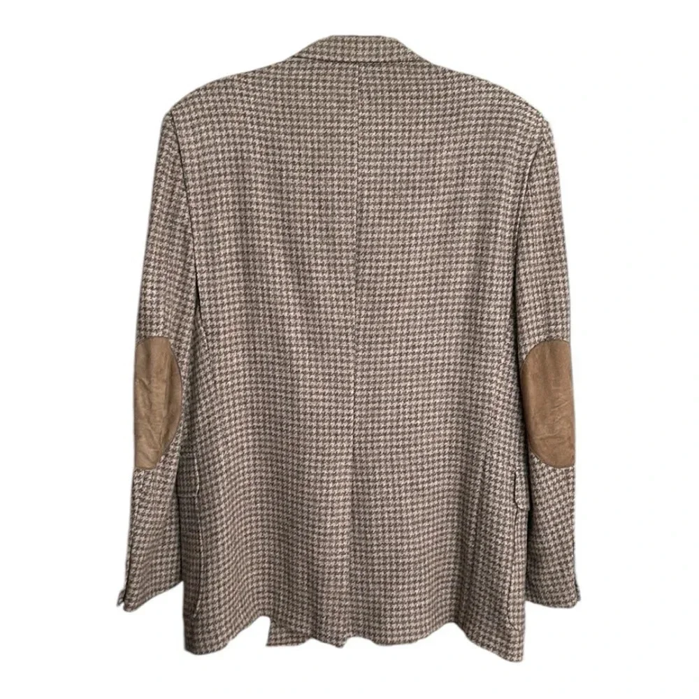 Vintage Wool Tan Houndstooth Sport Coat Blazer Academia‎ Career Elbow Patch 42L